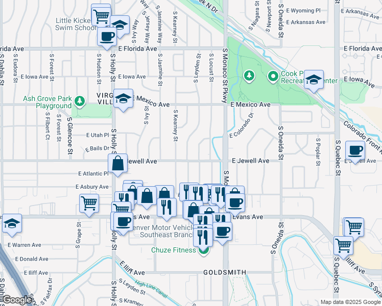 map of restaurants, bars, coffee shops, grocery stores, and more near 1874 South Leyden Street in Denver