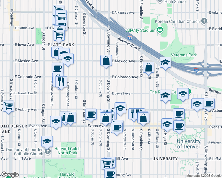 map of restaurants, bars, coffee shops, grocery stores, and more near 1874 South Downing Street in Denver
