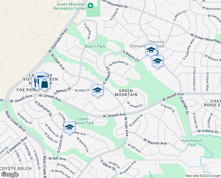 map of restaurants, bars, coffee shops, grocery stores, and more near 1848 South Zinnia Court in Lakewood