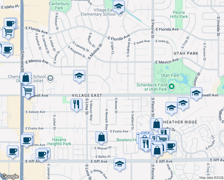 map of restaurants, bars, coffee shops, grocery stores, and more near 11671 East Colorado Drive in Aurora