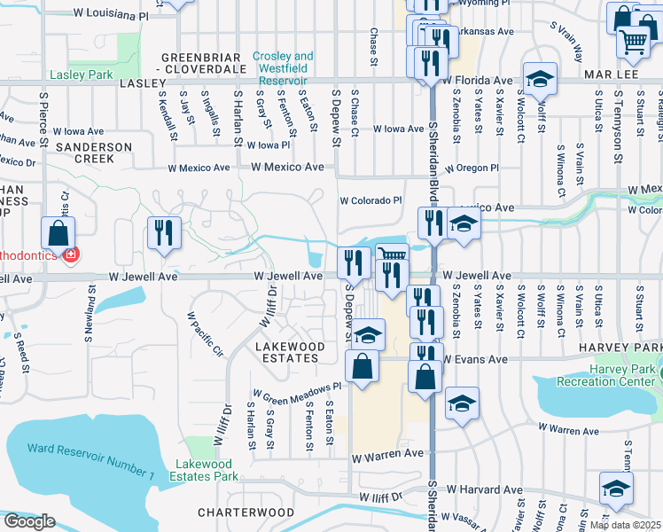 map of restaurants, bars, coffee shops, grocery stores, and more near 1896 South Manor Lane in Lakewood