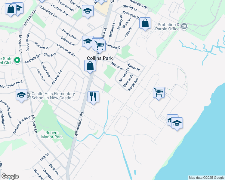 map of restaurants, bars, coffee shops, grocery stores, and more near 10 Lincoln Ave in New Castle