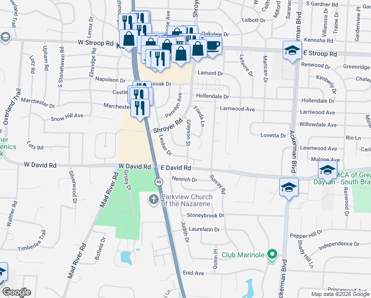 map of restaurants, bars, coffee shops, grocery stores, and more near 525 Ives Lane in Dayton