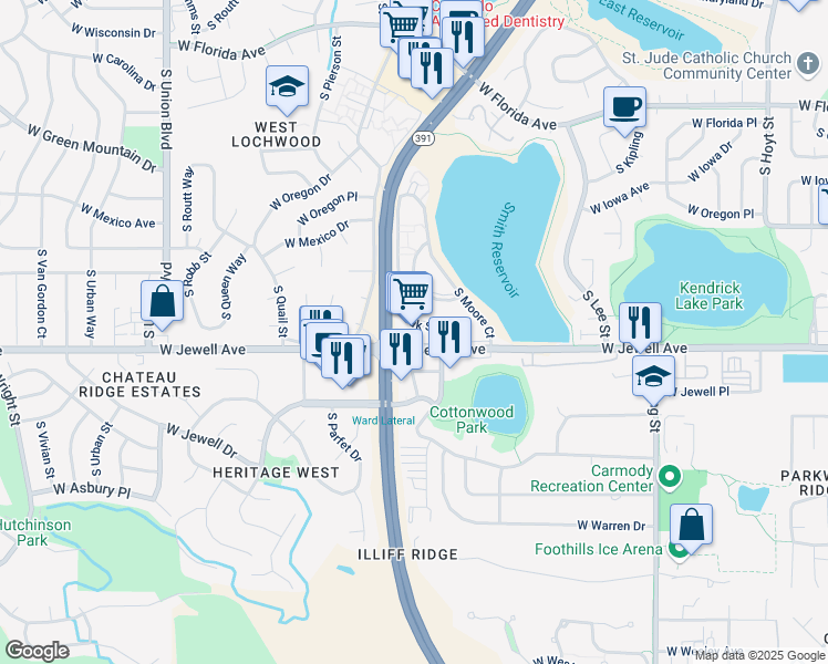 map of restaurants, bars, coffee shops, grocery stores, and more near 10815 West Jewell Avenue in Lakewood