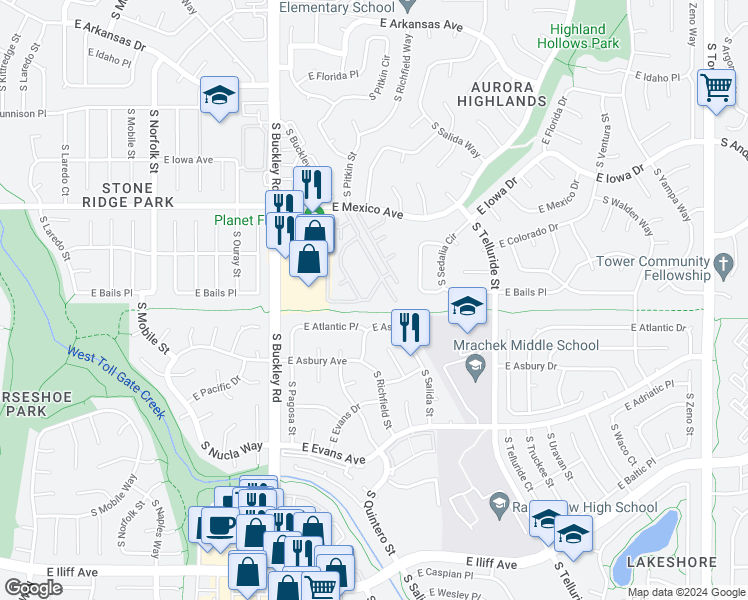 map of restaurants, bars, coffee shops, grocery stores, and more near 1873 South Pitkin Circle in Aurora