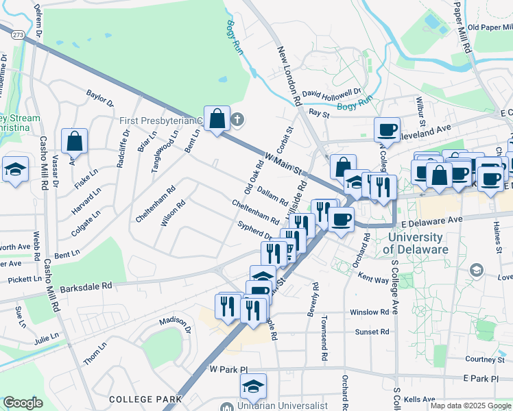 map of restaurants, bars, coffee shops, grocery stores, and more near 109 Cheltenham Road in Newark