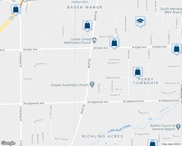 map of restaurants, bars, coffee shops, grocery stores, and more near 5701 Bluff Road in Indianapolis