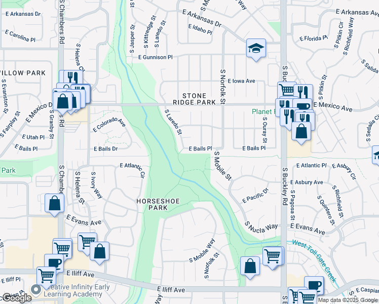 map of restaurants, bars, coffee shops, grocery stores, and more near 16196 East Bails Place in Aurora