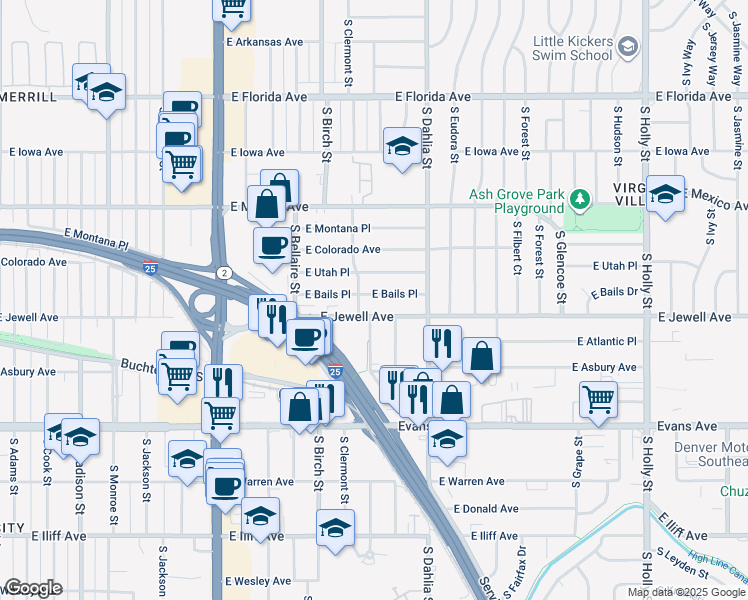 map of restaurants, bars, coffee shops, grocery stores, and more near 4560 East Bails Place in Denver