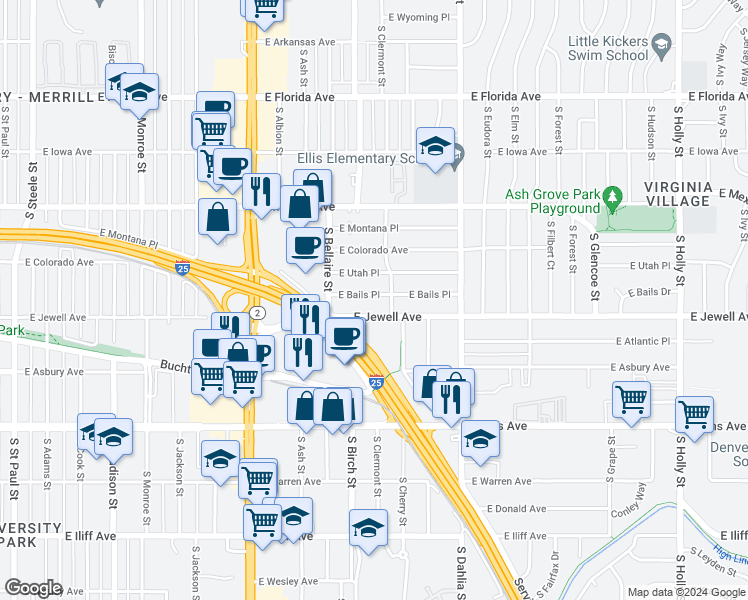 map of restaurants, bars, coffee shops, grocery stores, and more near 4450 East Bails Place in Denver