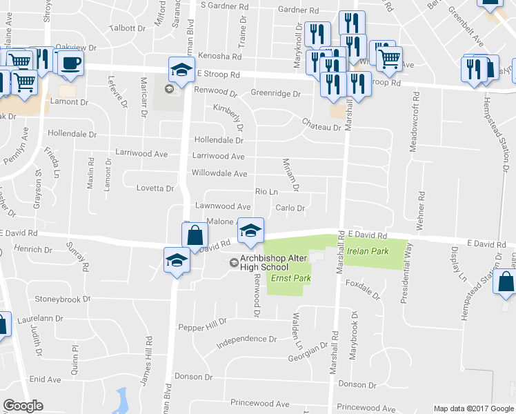 map of restaurants, bars, coffee shops, grocery stores, and more near 4364 Renwood Drive in Dayton