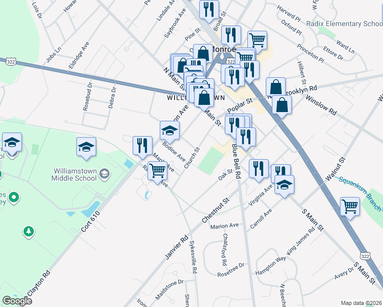 map of restaurants, bars, coffee shops, grocery stores, and more near 215 Church Street in Monroe