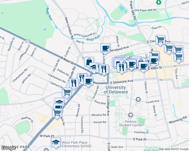map of restaurants, bars, coffee shops, grocery stores, and more near 35 West Main Street in Newark