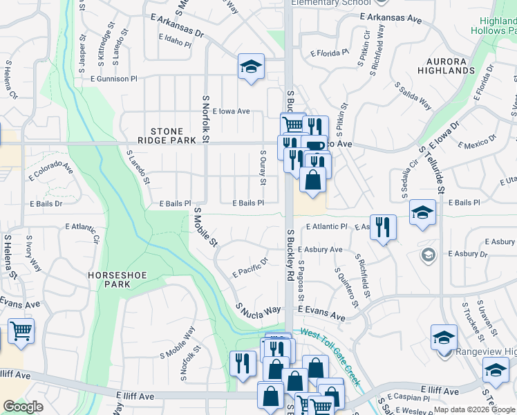 map of restaurants, bars, coffee shops, grocery stores, and more near 16768 East Bails Place in Aurora