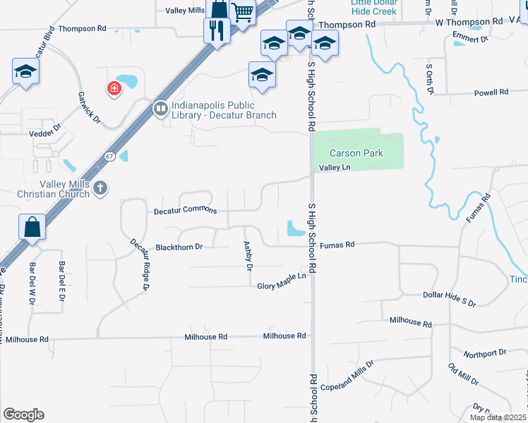 map of restaurants, bars, coffee shops, grocery stores, and more near 6475 Decatur Commons in Indianapolis