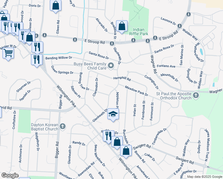 map of restaurants, bars, coffee shops, grocery stores, and more near 4351 Appleton Place in Dayton