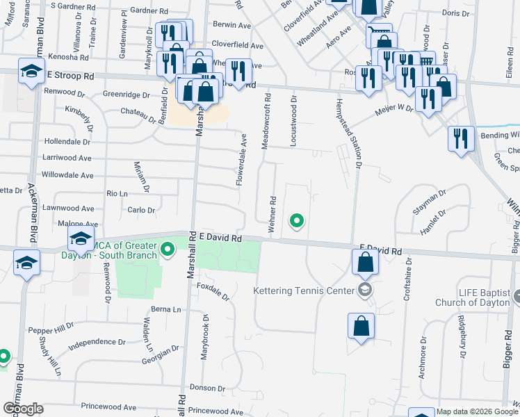 map of restaurants, bars, coffee shops, grocery stores, and more near 4362 Meadowcroft Road in Dayton