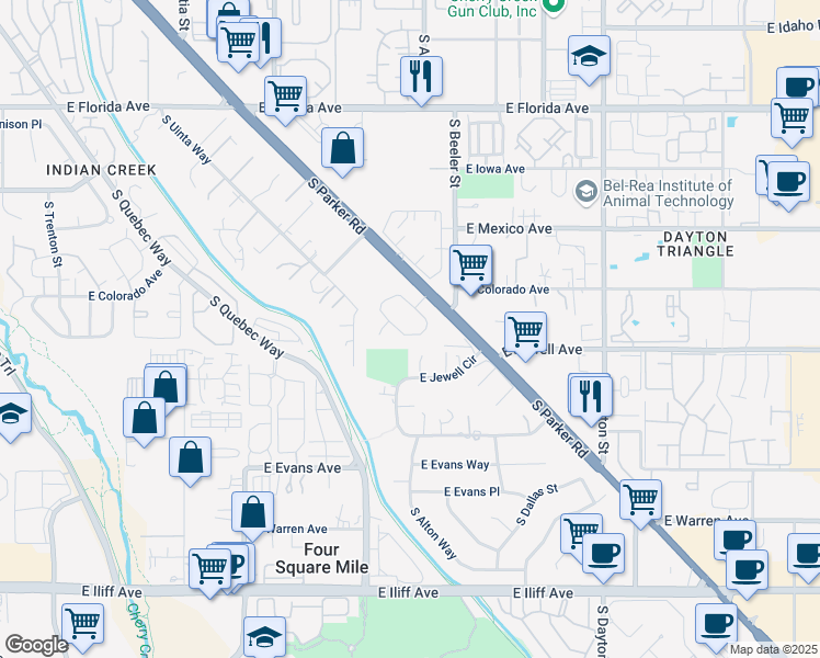 map of restaurants, bars, coffee shops, grocery stores, and more near 9035 East Colorado Circle in Denver