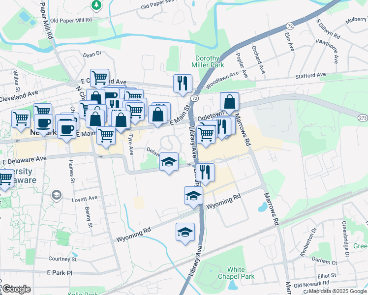 map of restaurants, bars, coffee shops, grocery stores, and more near 351 Delaware Circle in Newark
