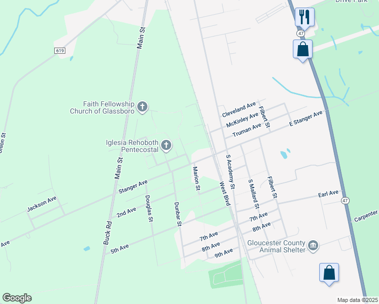 map of restaurants, bars, coffee shops, grocery stores, and more near 537 Marion St in Glassboro