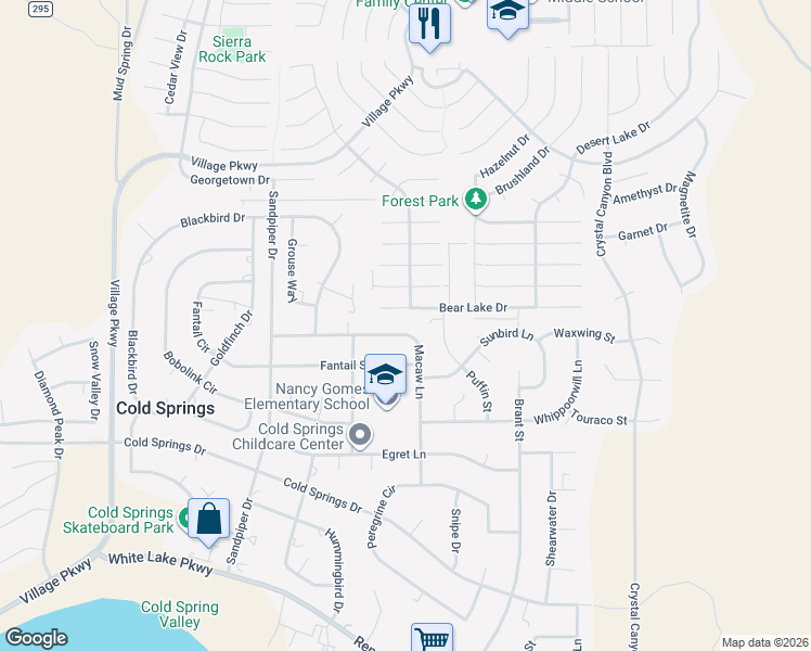 map of restaurants, bars, coffee shops, grocery stores, and more near 17405 Macaw Lane in Reno