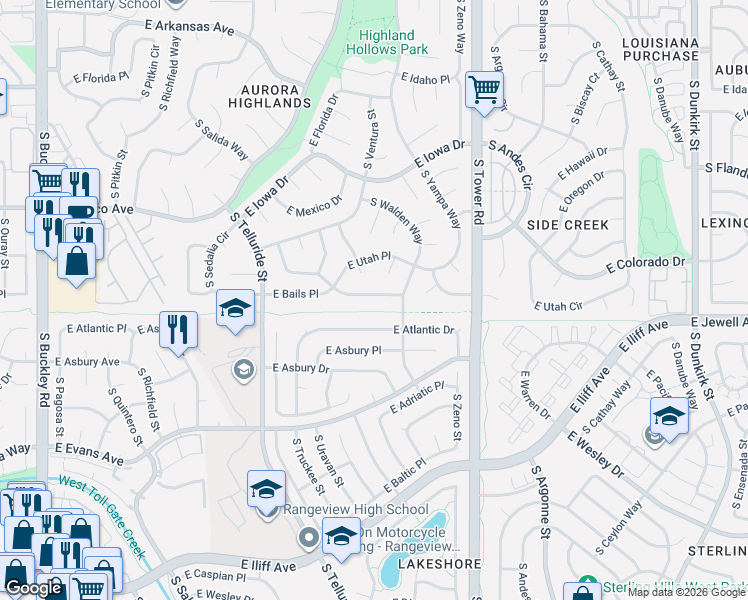 map of restaurants, bars, coffee shops, grocery stores, and more near 18100 East Bails Place in Aurora
