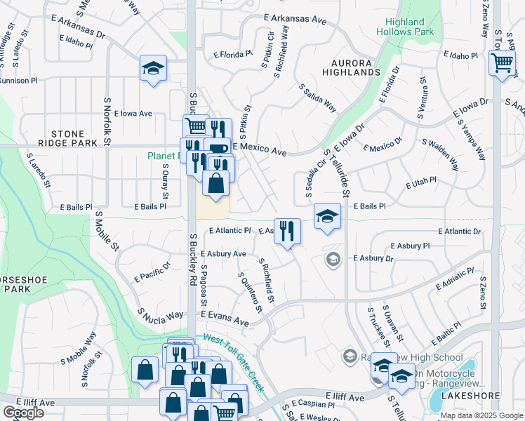 map of restaurants, bars, coffee shops, grocery stores, and more near 377 South Pagosa Way in Aurora