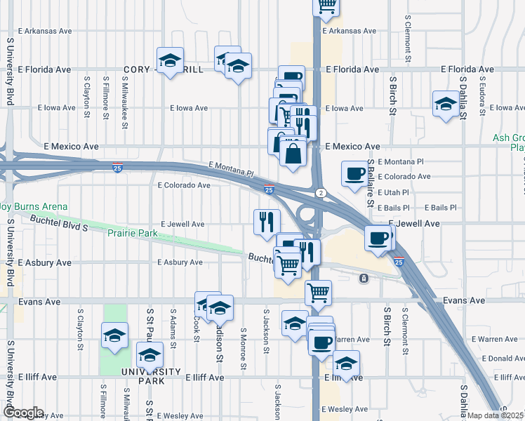 map of restaurants, bars, coffee shops, grocery stores, and more near 1875 South Garfield Street in Denver