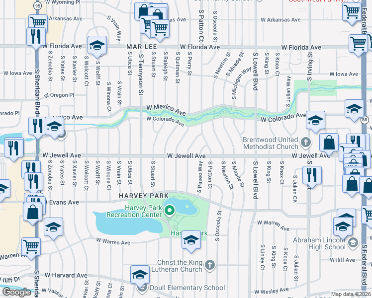 map of restaurants, bars, coffee shops, grocery stores, and more near 1891 South Perry Way in Denver