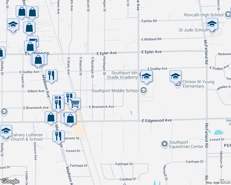 map of restaurants, bars, coffee shops, grocery stores, and more near 5815 Villa Avenue in Indianapolis