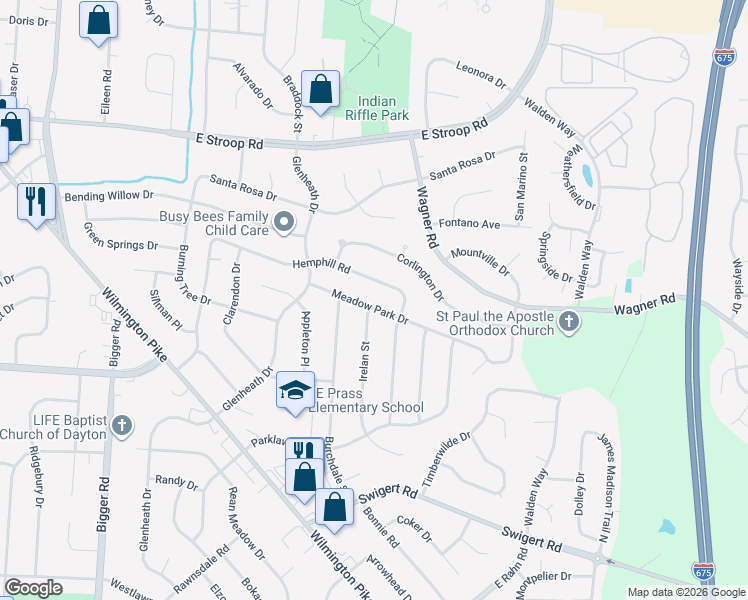 map of restaurants, bars, coffee shops, grocery stores, and more near 2749 Meadow Park Drive in Dayton