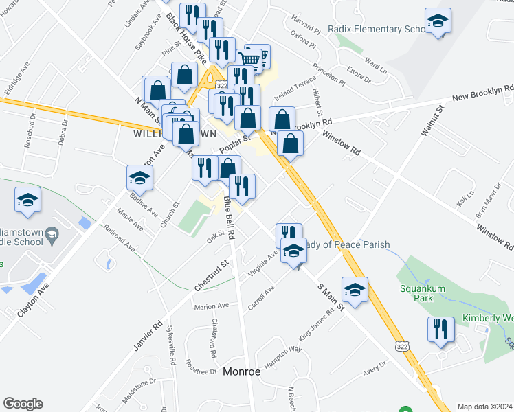 map of restaurants, bars, coffee shops, grocery stores, and more near 420B South Main Street in Monroe