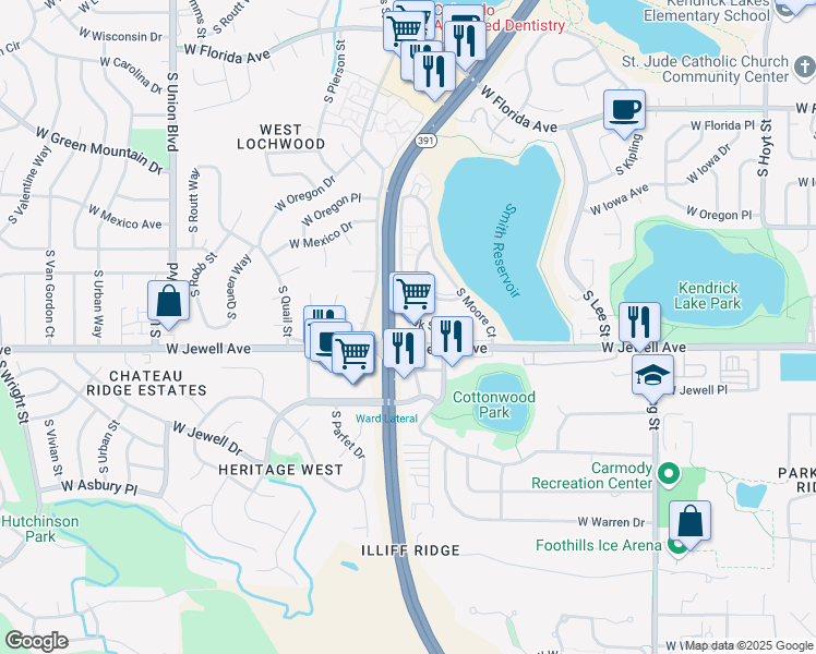 map of restaurants, bars, coffee shops, grocery stores, and more near in Lakewood