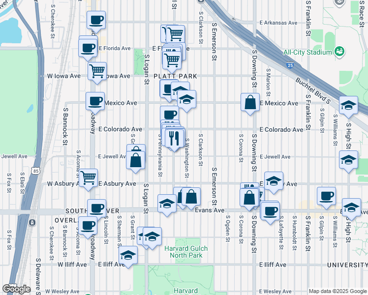 map of restaurants, bars, coffee shops, grocery stores, and more near 1878 South Washington Street in Denver