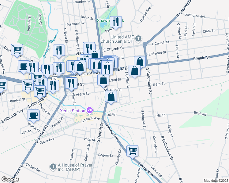 map of restaurants, bars, coffee shops, grocery stores, and more near 67 East 3rd Street in Xenia