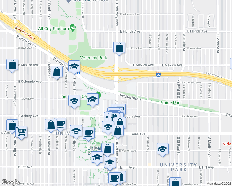 map of restaurants, bars, coffee shops, grocery stores, and more near S University Blvd & Buchtel Blvd in Denver