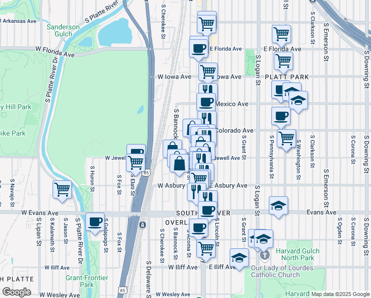 map of restaurants, bars, coffee shops, grocery stores, and more near 1896 South Bannock Street in Denver