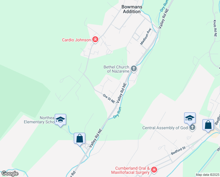 map of restaurants, bars, coffee shops, grocery stores, and more near Deneen Road Southeast in Allegany County