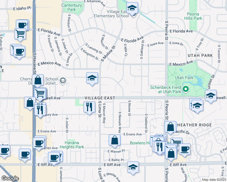 map of restaurants, bars, coffee shops, grocery stores, and more near 1879 South Nile Court in Aurora