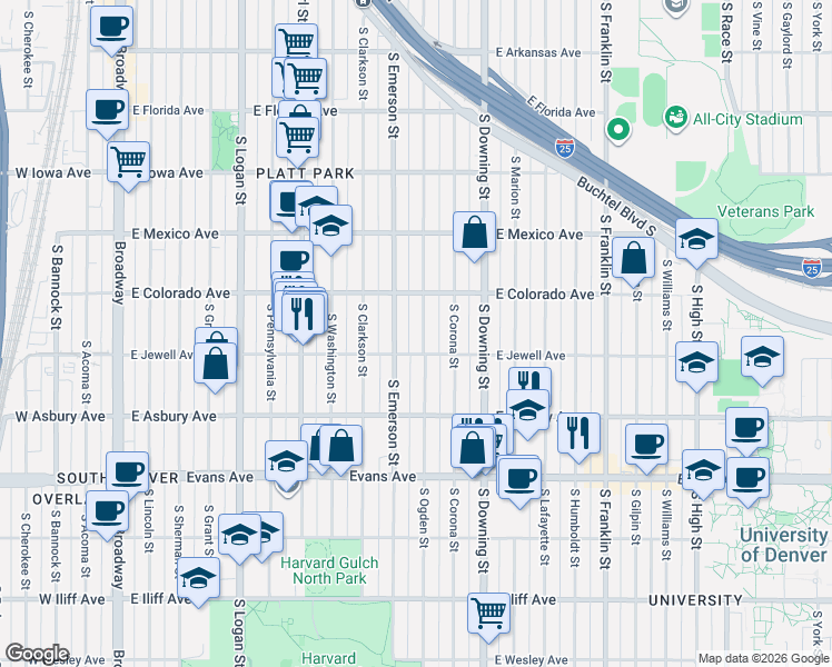map of restaurants, bars, coffee shops, grocery stores, and more near 1885 South Ogden Street in Denver