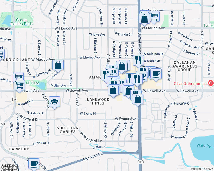 map of restaurants, bars, coffee shops, grocery stores, and more near 1868 South Ammons Street in Lakewood