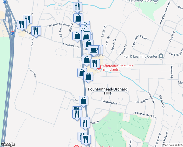 map of restaurants, bars, coffee shops, grocery stores, and more near 18717 North Pointe Drive in Hagerstown