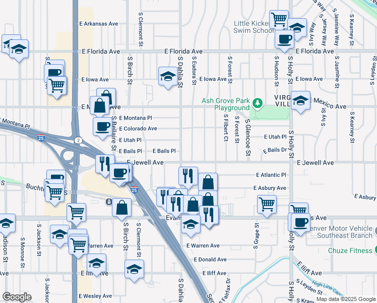 map of restaurants, bars, coffee shops, grocery stores, and more near 1885 South Eudora Street in Denver