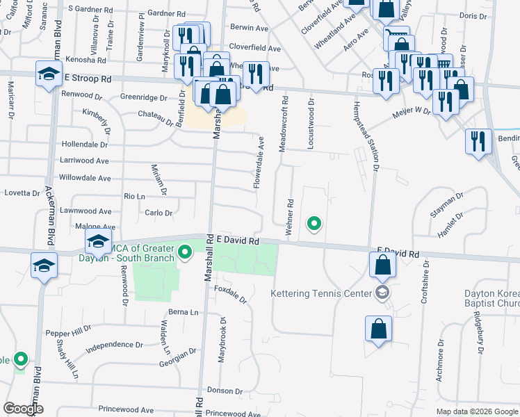 map of restaurants, bars, coffee shops, grocery stores, and more near 4367 Flowerdale Avenue in Dayton