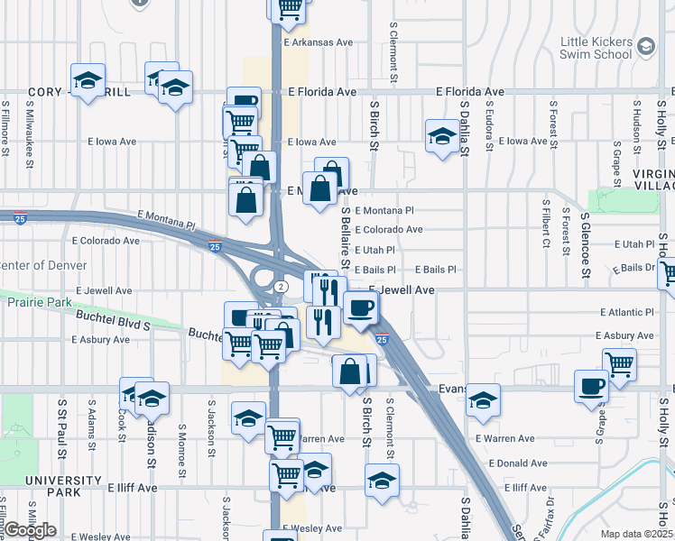 map of restaurants, bars, coffee shops, grocery stores, and more near 1890 South Bellaire Street in Denver