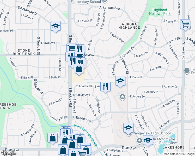 map of restaurants, bars, coffee shops, grocery stores, and more near 377 South Pagosa Way in Aurora