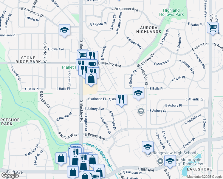 map of restaurants, bars, coffee shops, grocery stores, and more near 377 South Pagosa Way in Aurora