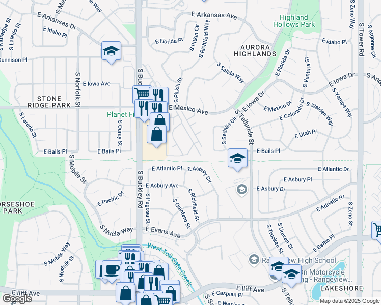 map of restaurants, bars, coffee shops, grocery stores, and more near 377 South Pagosa Way in Aurora