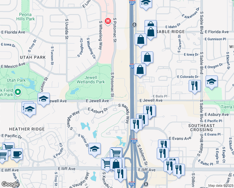 map of restaurants, bars, coffee shops, grocery stores, and more near 1840 South Potomac Street in Aurora