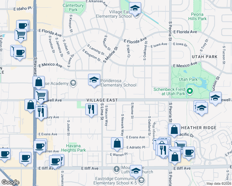 map of restaurants, bars, coffee shops, grocery stores, and more near 1879 South Nile Court in Aurora